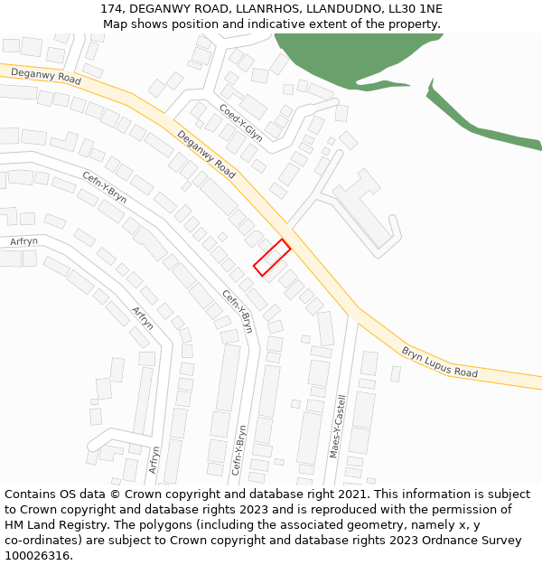 174, DEGANWY ROAD, LLANRHOS, LLANDUDNO, LL30 1NE: Location map and indicative extent of plot