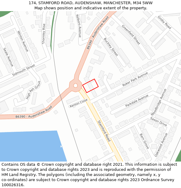 174, STAMFORD ROAD, AUDENSHAW, MANCHESTER, M34 5WW: Location map and indicative extent of plot