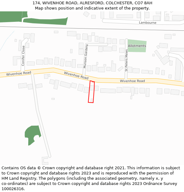 174, WIVENHOE ROAD, ALRESFORD, COLCHESTER, CO7 8AH: Location map and indicative extent of plot