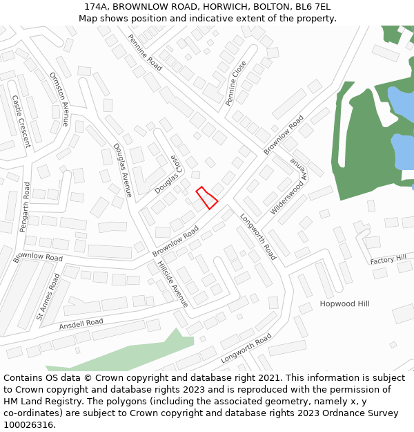 174A, BROWNLOW ROAD, HORWICH, BOLTON, BL6 7EL: Location map and indicative extent of plot