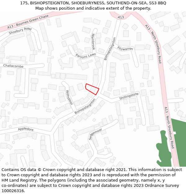 175, BISHOPSTEIGNTON, SHOEBURYNESS, SOUTHEND-ON-SEA, SS3 8BQ: Location map and indicative extent of plot