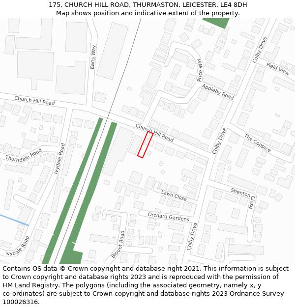 175, CHURCH HILL ROAD, THURMASTON, LEICESTER, LE4 8DH: Location map and indicative extent of plot