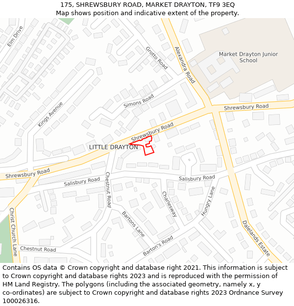 175, SHREWSBURY ROAD, MARKET DRAYTON, TF9 3EQ: Location map and indicative extent of plot