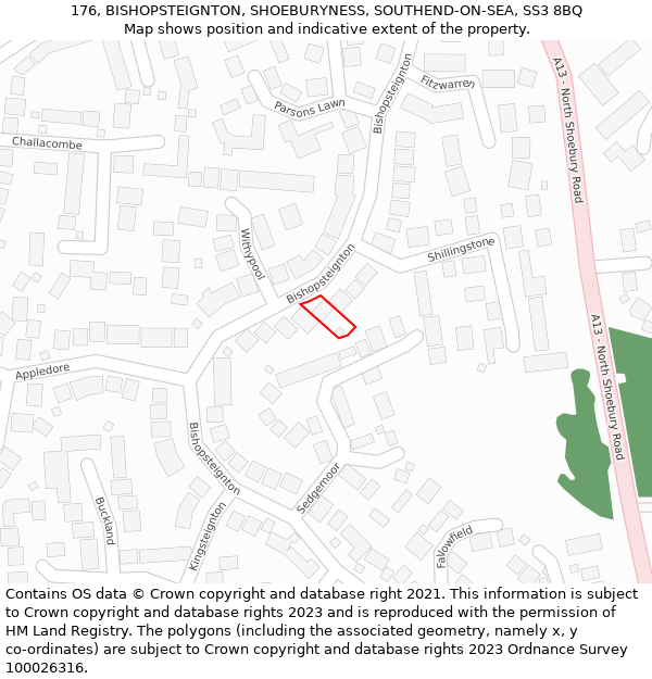 176, BISHOPSTEIGNTON, SHOEBURYNESS, SOUTHEND-ON-SEA, SS3 8BQ: Location map and indicative extent of plot