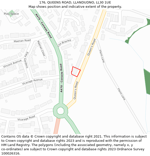 176, QUEENS ROAD, LLANDUDNO, LL30 1UE: Location map and indicative extent of plot