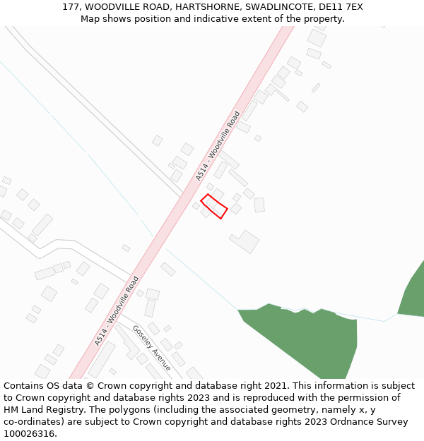 177, WOODVILLE ROAD, HARTSHORNE, SWADLINCOTE, DE11 7EX: Location map and indicative extent of plot