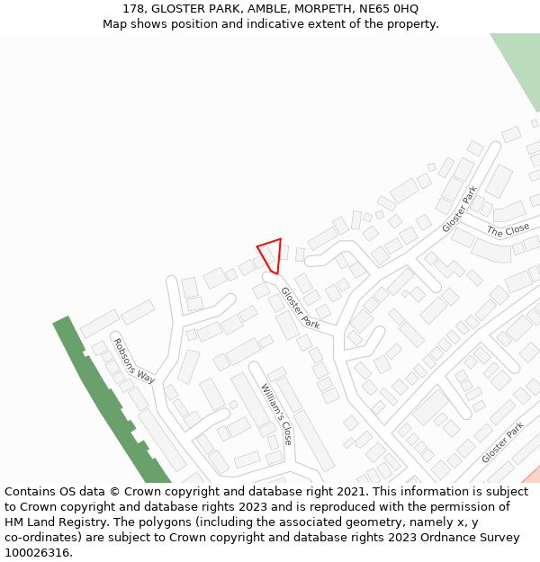 178, GLOSTER PARK, AMBLE, MORPETH, NE65 0HQ: Location map and indicative extent of plot