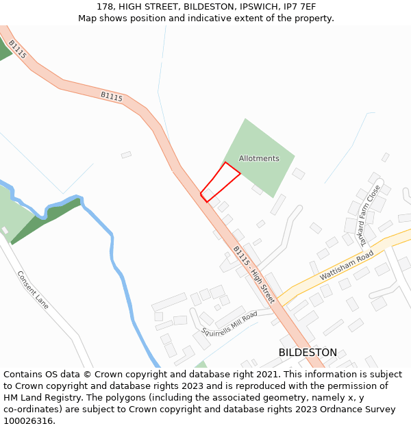 178, HIGH STREET, BILDESTON, IPSWICH, IP7 7EF: Location map and indicative extent of plot