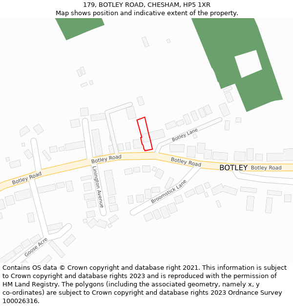 179, BOTLEY ROAD, CHESHAM, HP5 1XR: Location map and indicative extent of plot