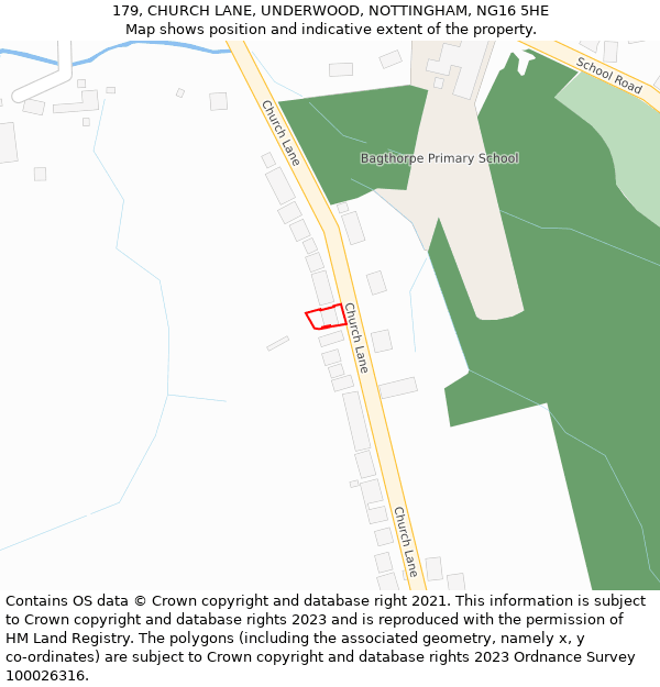 179, CHURCH LANE, UNDERWOOD, NOTTINGHAM, NG16 5HE: Location map and indicative extent of plot