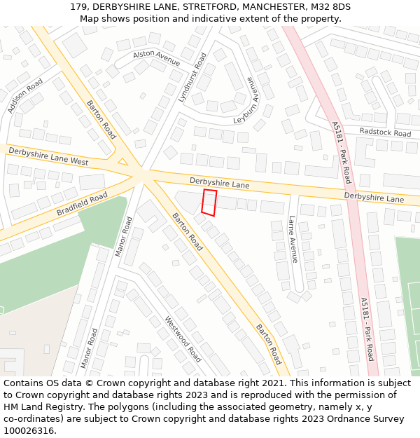 179, DERBYSHIRE LANE, STRETFORD, MANCHESTER, M32 8DS: Location map and indicative extent of plot