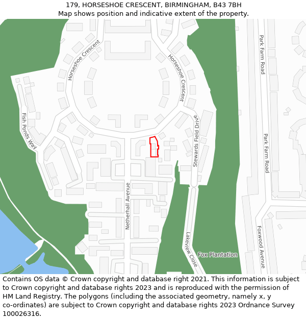 179, HORSESHOE CRESCENT, BIRMINGHAM, B43 7BH: Location map and indicative extent of plot