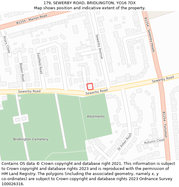 179, SEWERBY ROAD, BRIDLINGTON, YO16 7DX: Location map and indicative extent of plot