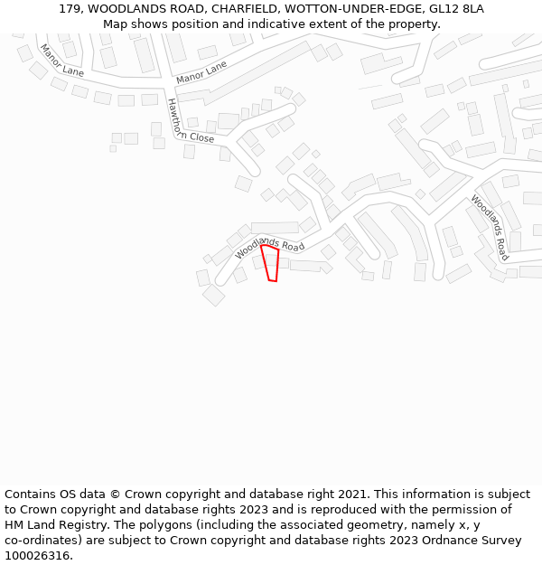 179, WOODLANDS ROAD, CHARFIELD, WOTTON-UNDER-EDGE, GL12 8LA: Location map and indicative extent of plot