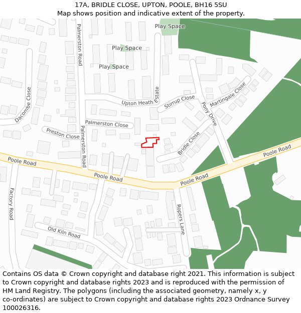 17A, BRIDLE CLOSE, UPTON, POOLE, BH16 5SU: Location map and indicative extent of plot