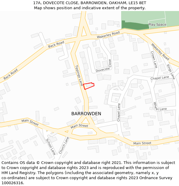 17A, DOVECOTE CLOSE, BARROWDEN, OAKHAM, LE15 8ET: Location map and indicative extent of plot