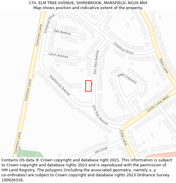 17A, ELM TREE AVENUE, SHIREBROOK, MANSFIELD, NG20 8NX: Location map and indicative extent of plot