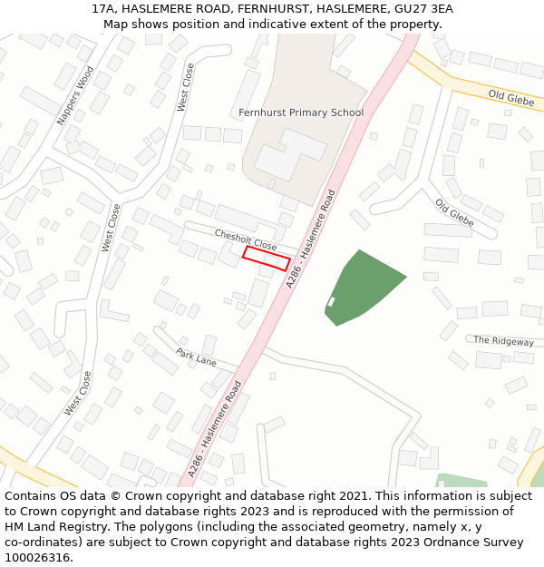 17A, HASLEMERE ROAD, FERNHURST, HASLEMERE, GU27 3EA: Location map and indicative extent of plot