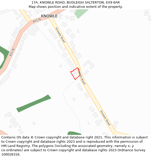 17A, KNOWLE ROAD, BUDLEIGH SALTERTON, EX9 6AR: Location map and indicative extent of plot