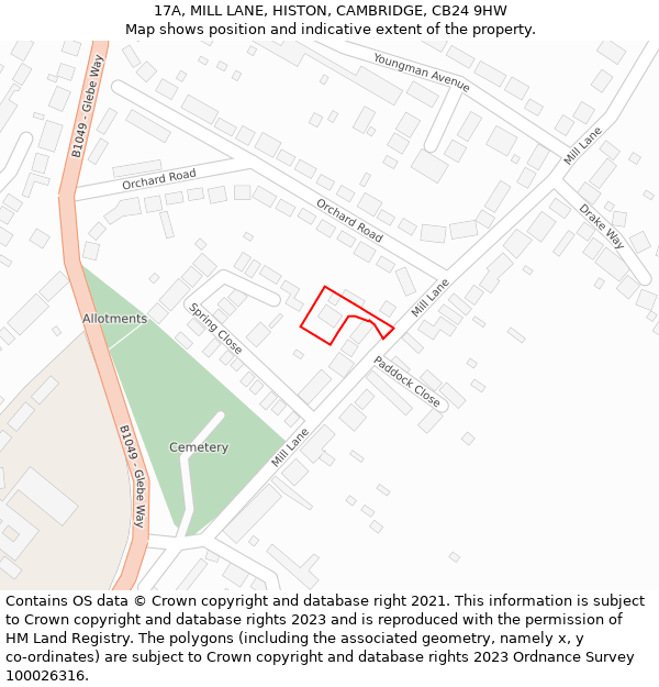 17A, MILL LANE, HISTON, CAMBRIDGE, CB24 9HW: Location map and indicative extent of plot