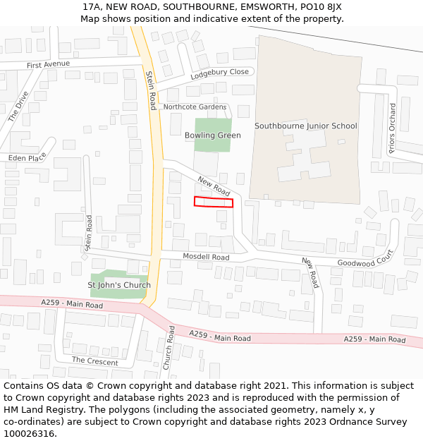 17A, NEW ROAD, SOUTHBOURNE, EMSWORTH, PO10 8JX: Location map and indicative extent of plot