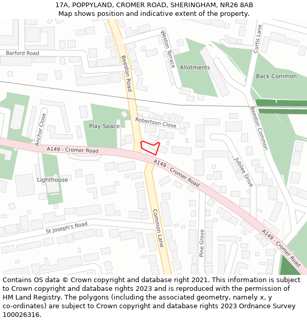 17A, POPPYLAND, CROMER ROAD, SHERINGHAM, NR26 8AB: Location map and indicative extent of plot