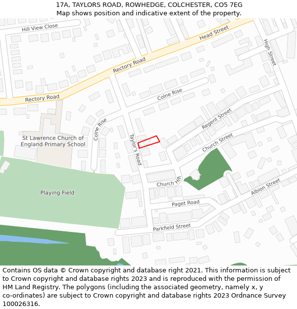 17A, TAYLORS ROAD, ROWHEDGE, COLCHESTER, CO5 7EG: Location map and indicative extent of plot