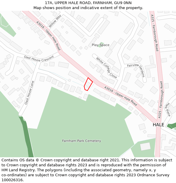 17A, UPPER HALE ROAD, FARNHAM, GU9 0NN: Location map and indicative extent of plot