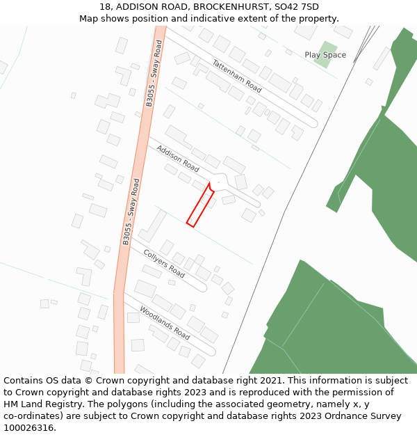 18, ADDISON ROAD, BROCKENHURST, SO42 7SD: Location map and indicative extent of plot