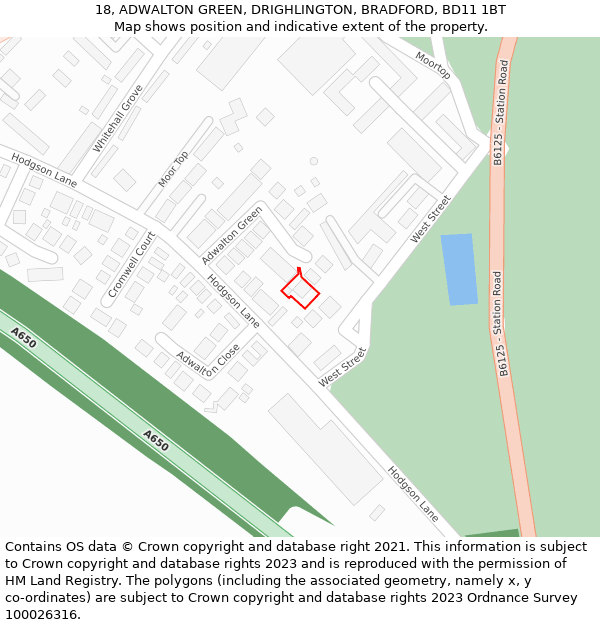 18, ADWALTON GREEN, DRIGHLINGTON, BRADFORD, BD11 1BT: Location map and indicative extent of plot