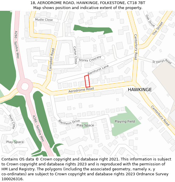 18, AERODROME ROAD, HAWKINGE, FOLKESTONE, CT18 7BT: Location map and indicative extent of plot