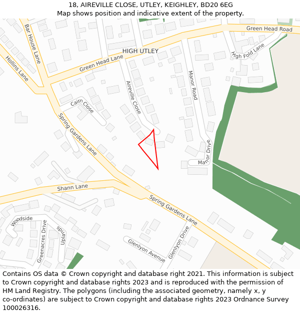 18, AIREVILLE CLOSE, UTLEY, KEIGHLEY, BD20 6EG: Location map and indicative extent of plot