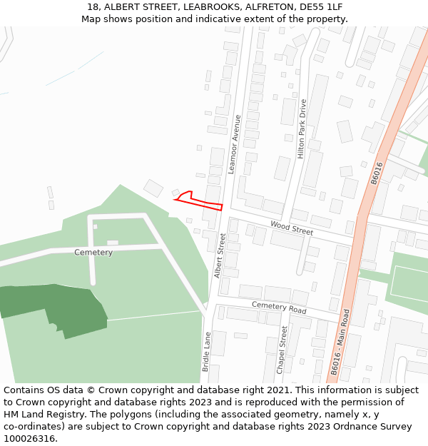 18, ALBERT STREET, LEABROOKS, ALFRETON, DE55 1LF: Location map and indicative extent of plot