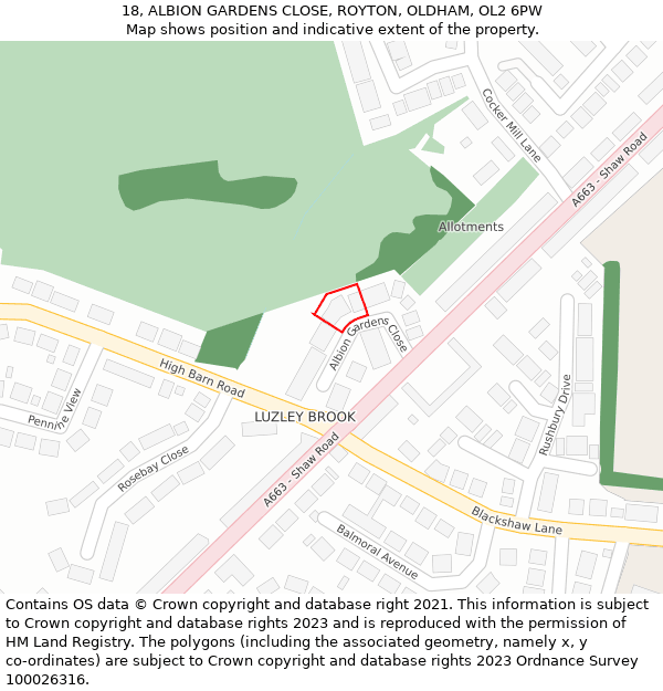 18, ALBION GARDENS CLOSE, ROYTON, OLDHAM, OL2 6PW: Location map and indicative extent of plot