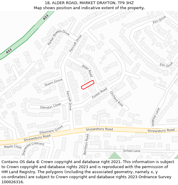 18, ALDER ROAD, MARKET DRAYTON, TF9 3HZ: Location map and indicative extent of plot