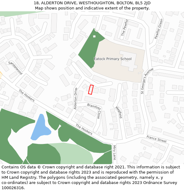 18, ALDERTON DRIVE, WESTHOUGHTON, BOLTON, BL5 2JD: Location map and indicative extent of plot