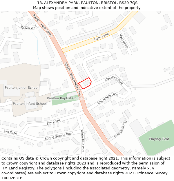 18, ALEXANDRA PARK, PAULTON, BRISTOL, BS39 7QS: Location map and indicative extent of plot