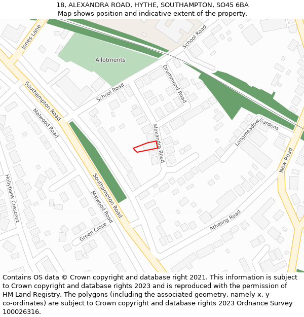 18, ALEXANDRA ROAD, HYTHE, SOUTHAMPTON, SO45 6BA: Location map and indicative extent of plot