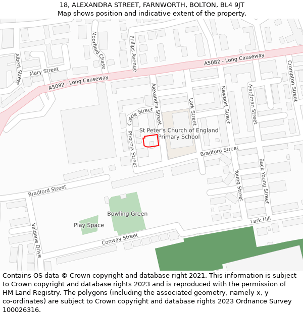 18, ALEXANDRA STREET, FARNWORTH, BOLTON, BL4 9JT: Location map and indicative extent of plot