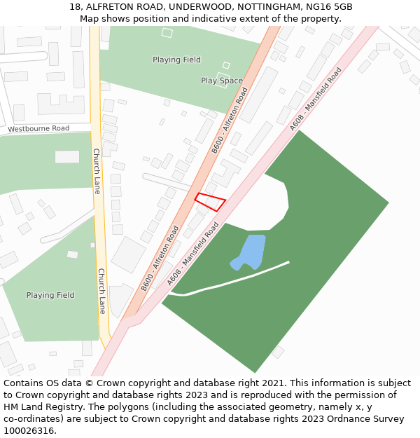 18, ALFRETON ROAD, UNDERWOOD, NOTTINGHAM, NG16 5GB: Location map and indicative extent of plot