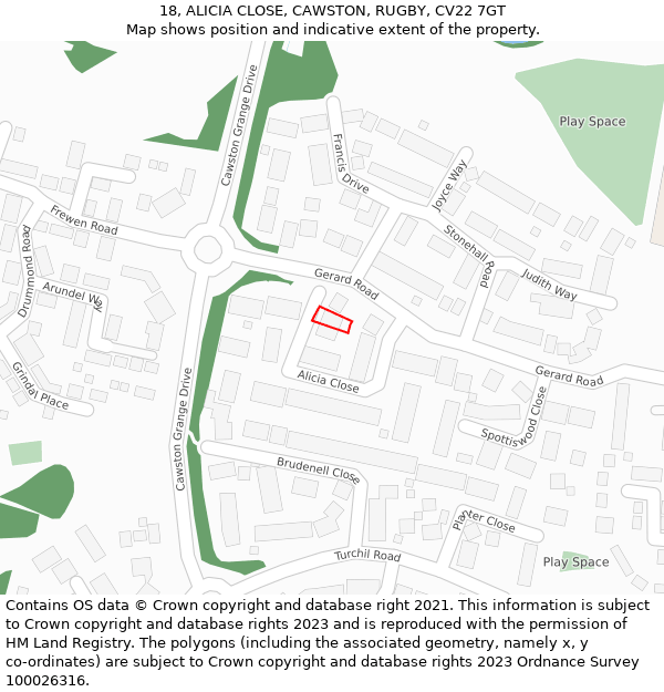 18, ALICIA CLOSE, CAWSTON, RUGBY, CV22 7GT: Location map and indicative extent of plot