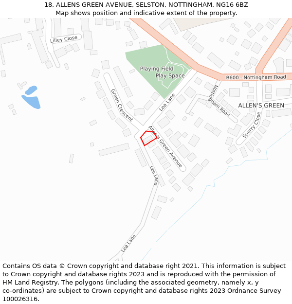 18, ALLENS GREEN AVENUE, SELSTON, NOTTINGHAM, NG16 6BZ: Location map and indicative extent of plot