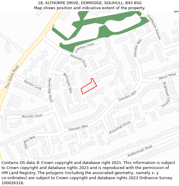 18, ALTHORPE DRIVE, DORRIDGE, SOLIHULL, B93 8SG: Location map and indicative extent of plot