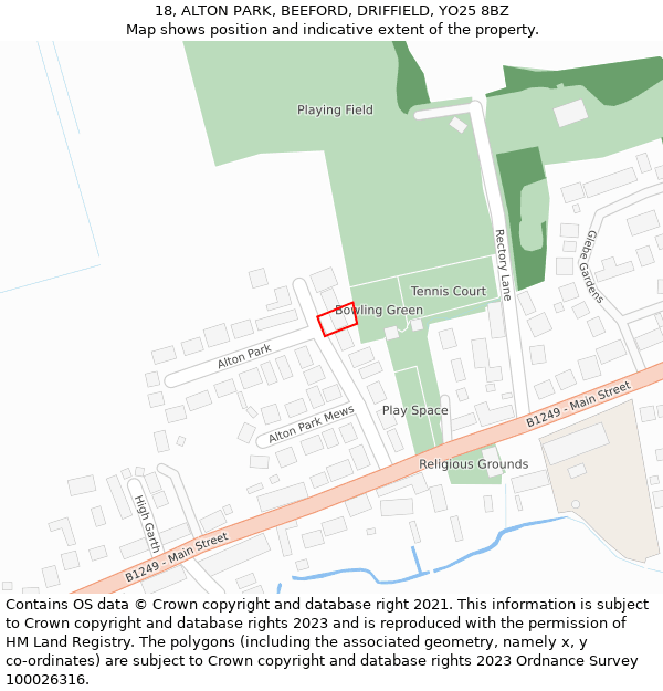 18, ALTON PARK, BEEFORD, DRIFFIELD, YO25 8BZ: Location map and indicative extent of plot