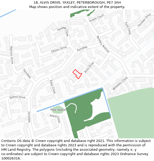 18, ALVIS DRIVE, YAXLEY, PETERBOROUGH, PE7 3AH: Location map and indicative extent of plot