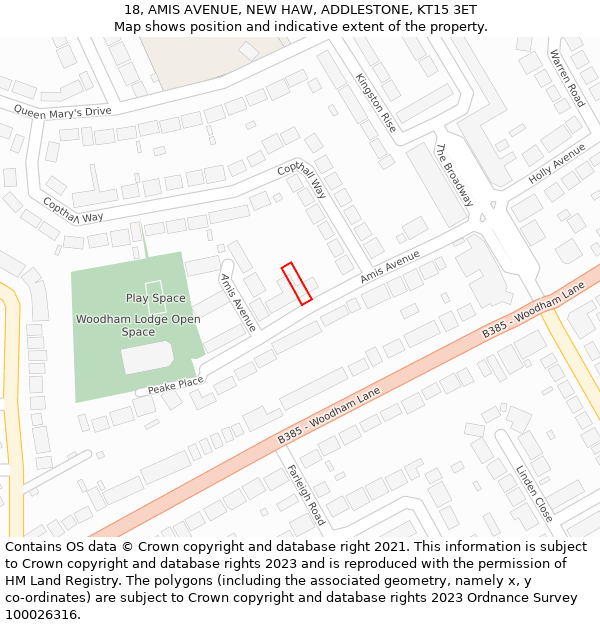 18, AMIS AVENUE, NEW HAW, ADDLESTONE, KT15 3ET: Location map and indicative extent of plot