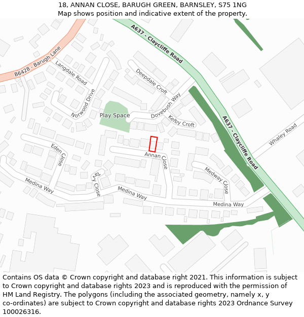 18, ANNAN CLOSE, BARUGH GREEN, BARNSLEY, S75 1NG: Location map and indicative extent of plot