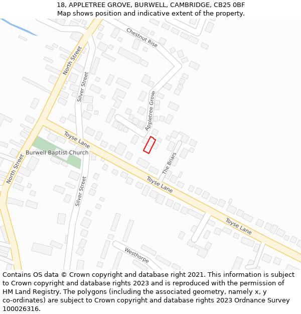 18, APPLETREE GROVE, BURWELL, CAMBRIDGE, CB25 0BF: Location map and indicative extent of plot