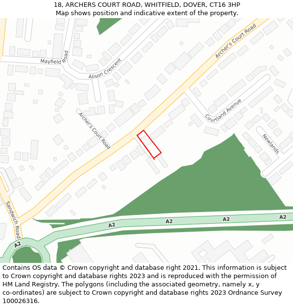 18, ARCHERS COURT ROAD, WHITFIELD, DOVER, CT16 3HP: Location map and indicative extent of plot