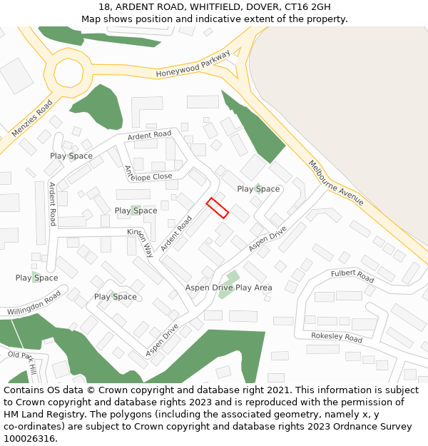 18, ARDENT ROAD, WHITFIELD, DOVER, CT16 2GH: Location map and indicative extent of plot